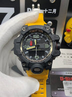G-Shock Mudmaster wristwatch, black case, yellow resin strap, round dial with large digits
