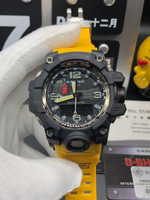 G-Shock Mudmaster wristwatch, black case, yellow resin strap, round dial with large digits