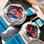 Casio G-Shock watches front view, white cases, red-blue dials, blue straps