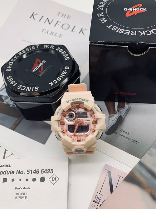 Casio G-Shock watch with beige dial details and beige resin strap