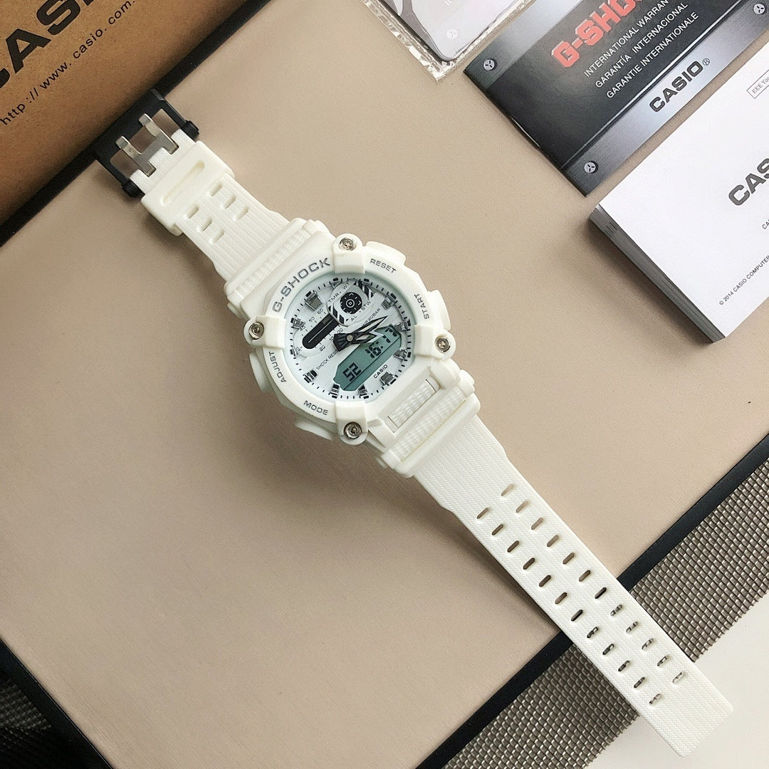 White resin G-Shock digital watch with round face and perforated strap links