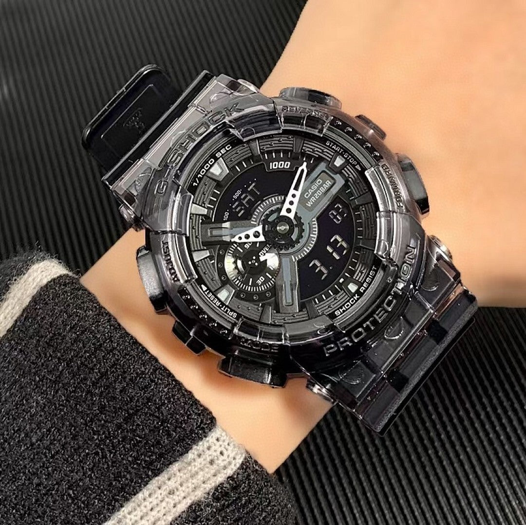 Casio G-Shock watch on hand, black dial with digital display, dark resin band