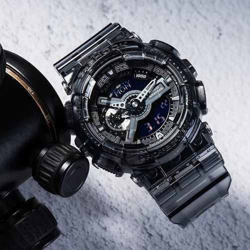 Casio G-Shock watch with black case, chronograph subdials, dark resin band