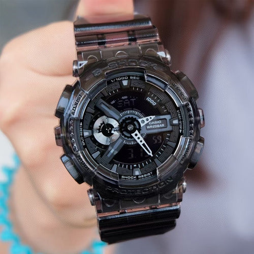 Casio G-Shock watch with black dial, multi-dial face, dark resin strap
