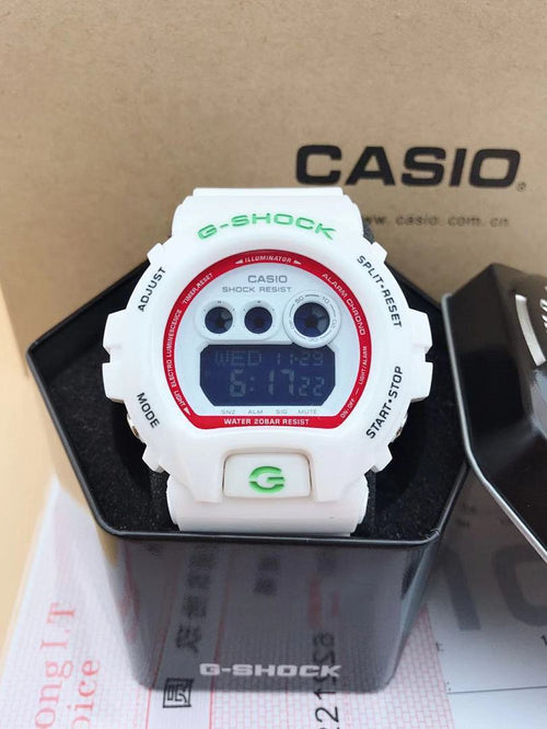Casio G-Shock digital watch with white strap and red-ring LCD display