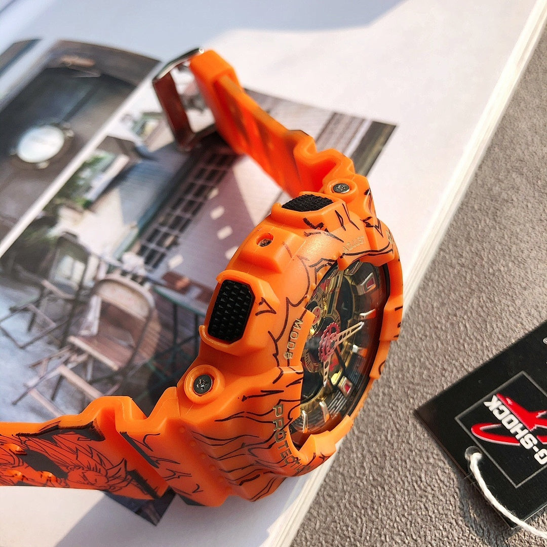 Orange Casio watch with side buttons, round face, and graffiti-pattern strap