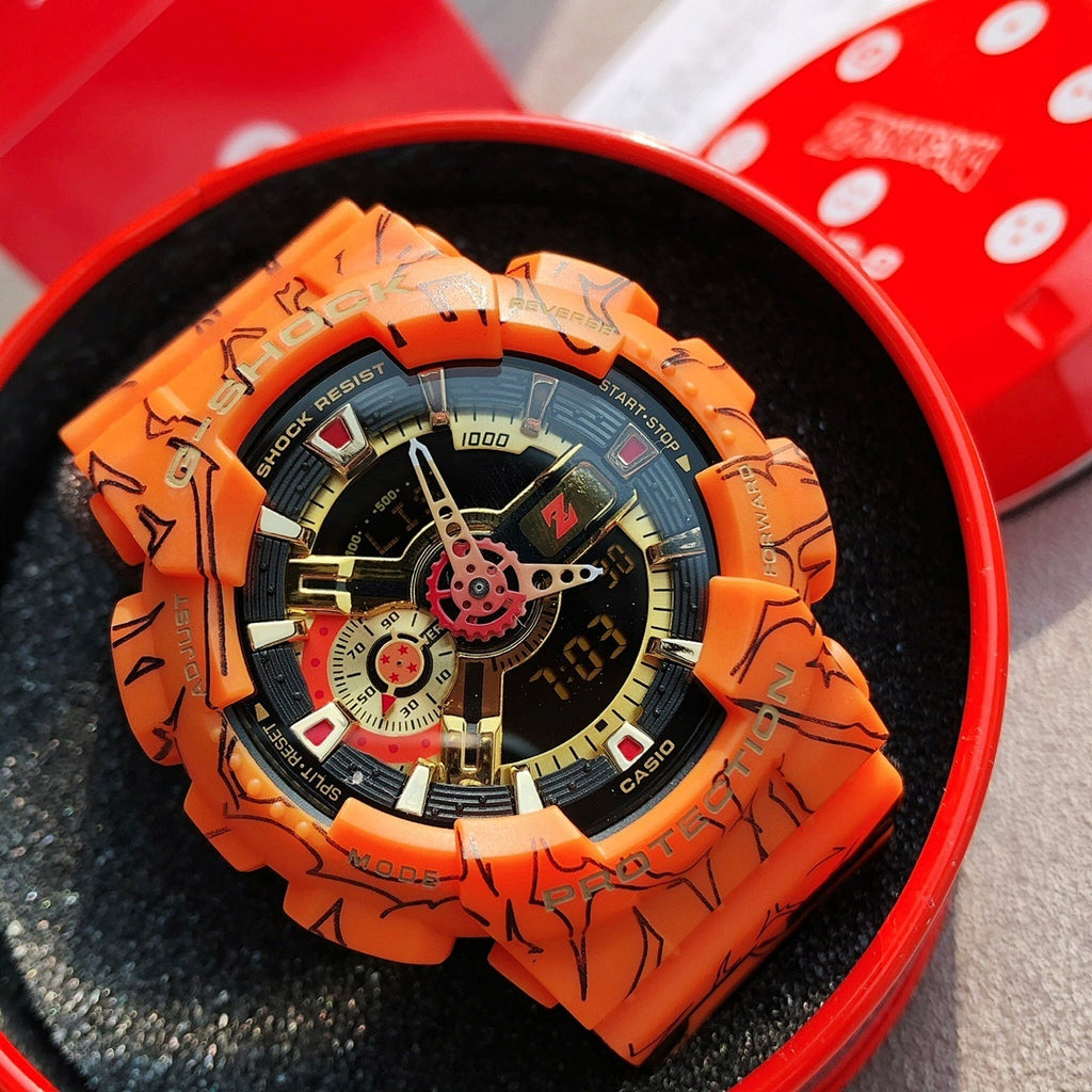 Orange Casio watch close-up of round dial with multi-dial details and graffiti strap