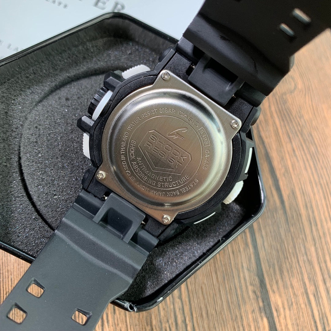 Casio G-Shock watch back with brushed metal case plate on black strap