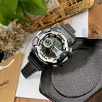 Casio G-Shock digital wristwatch with black resin strap and silver-toned dial face