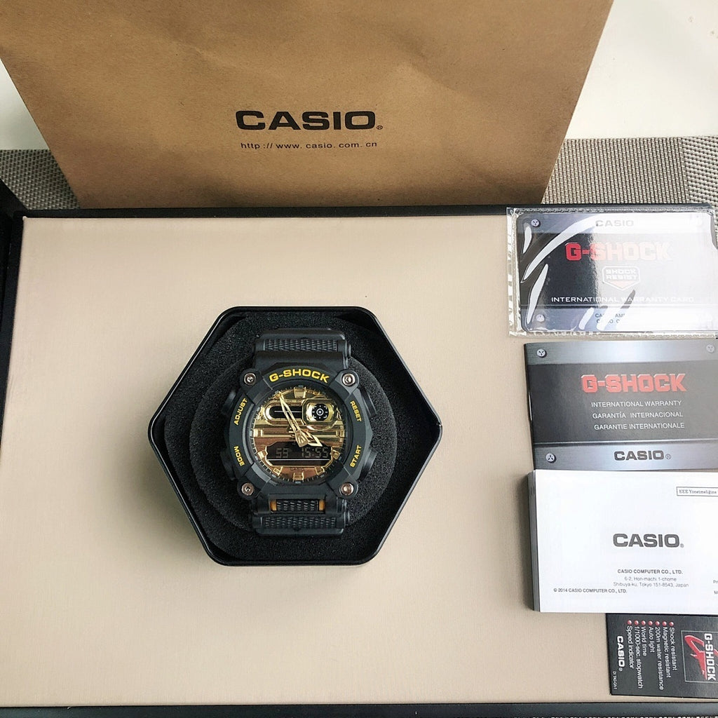 Casio G-Shock watch in black octagonal case, black strap and gold-tone skeleton dial