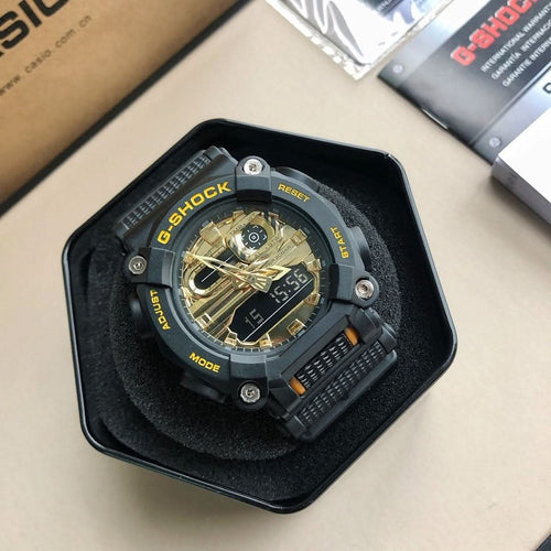 Casio G-Shock watch in black case, black strap and gold-tone skeleton dial