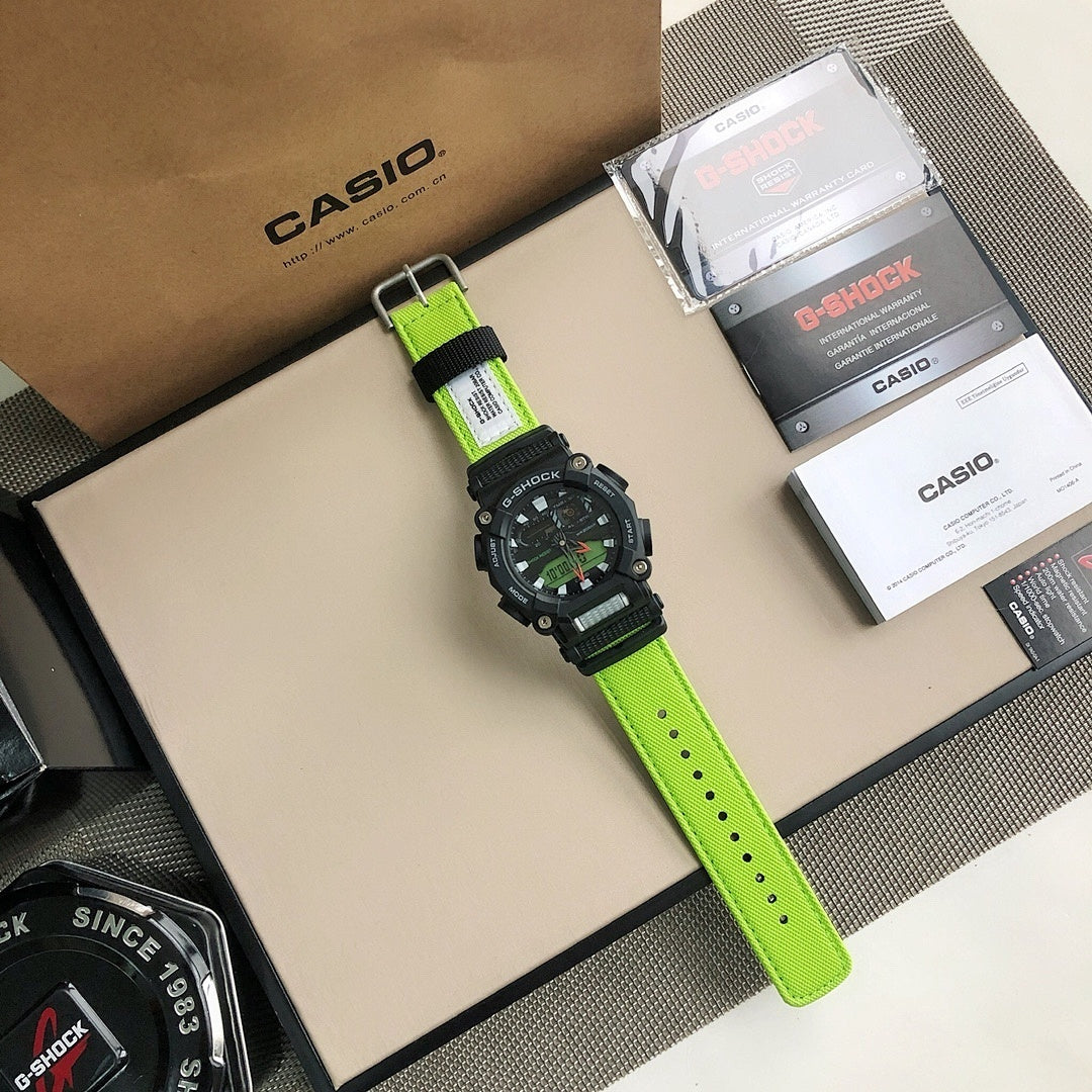 Casio G-Shock watch with lime green strap and black case, metal buckle