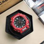Red and black G-Shock watch with textured bezel and digital face