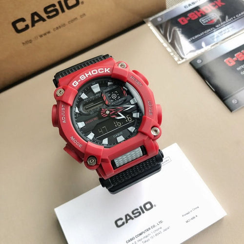 Red and black G-Shock digital watch with multi-dial display and black strap
