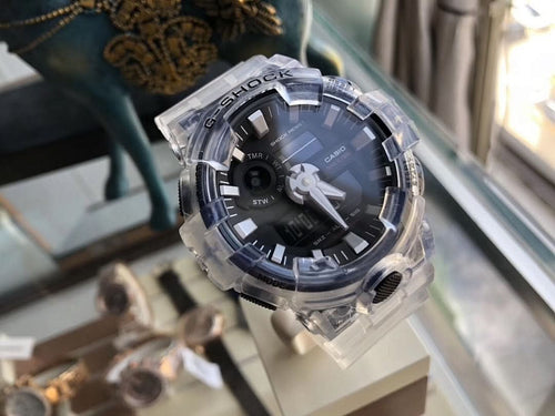 G-Shock watch with clear case and bezel, black dial and clear strap