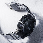 Casio G-Shock style wristwatch side view with black protective case and clasp hardware
