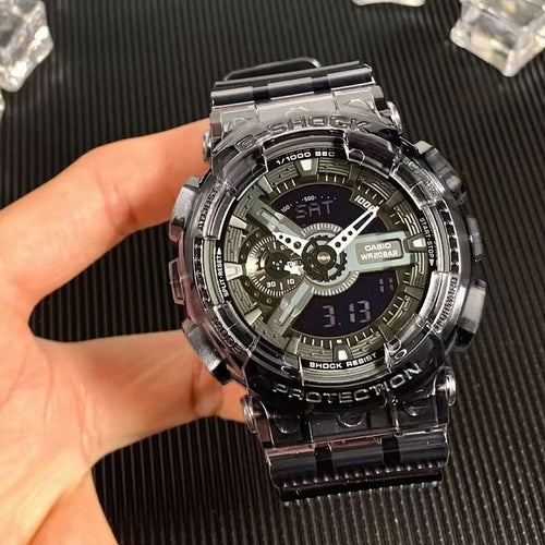Casio G-Shock style wristwatch with black transparent resin strap and multi-dial face