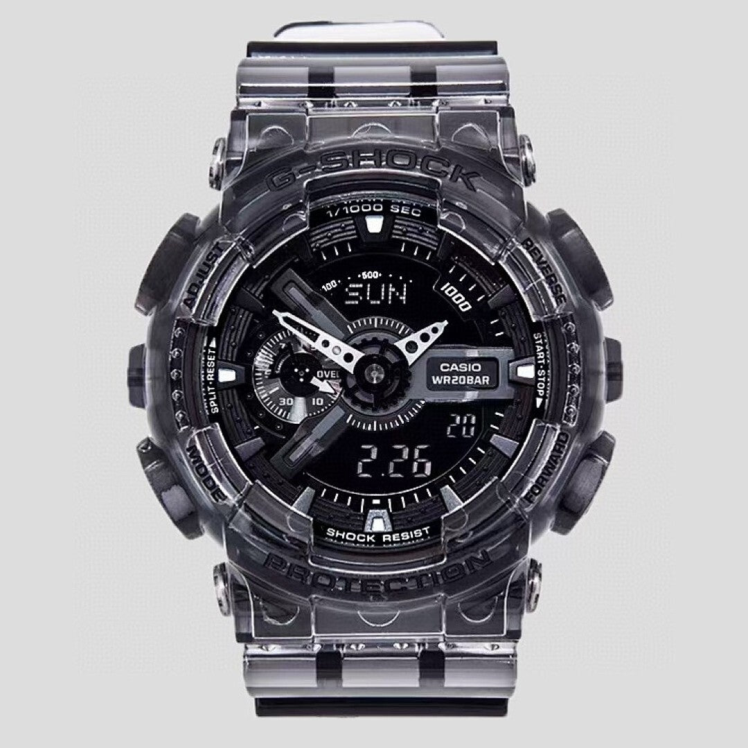 Casio G-Shock style wristwatch front view with black transparent case and multi-dial face