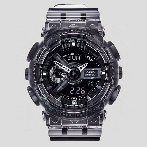 Casio G-Shock style wristwatch front view with black transparent resin case and strap