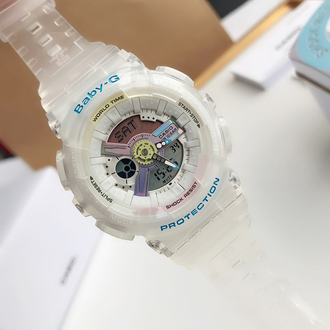 Translucent white Baby-G watch with round multi-dial face and blue accent ring