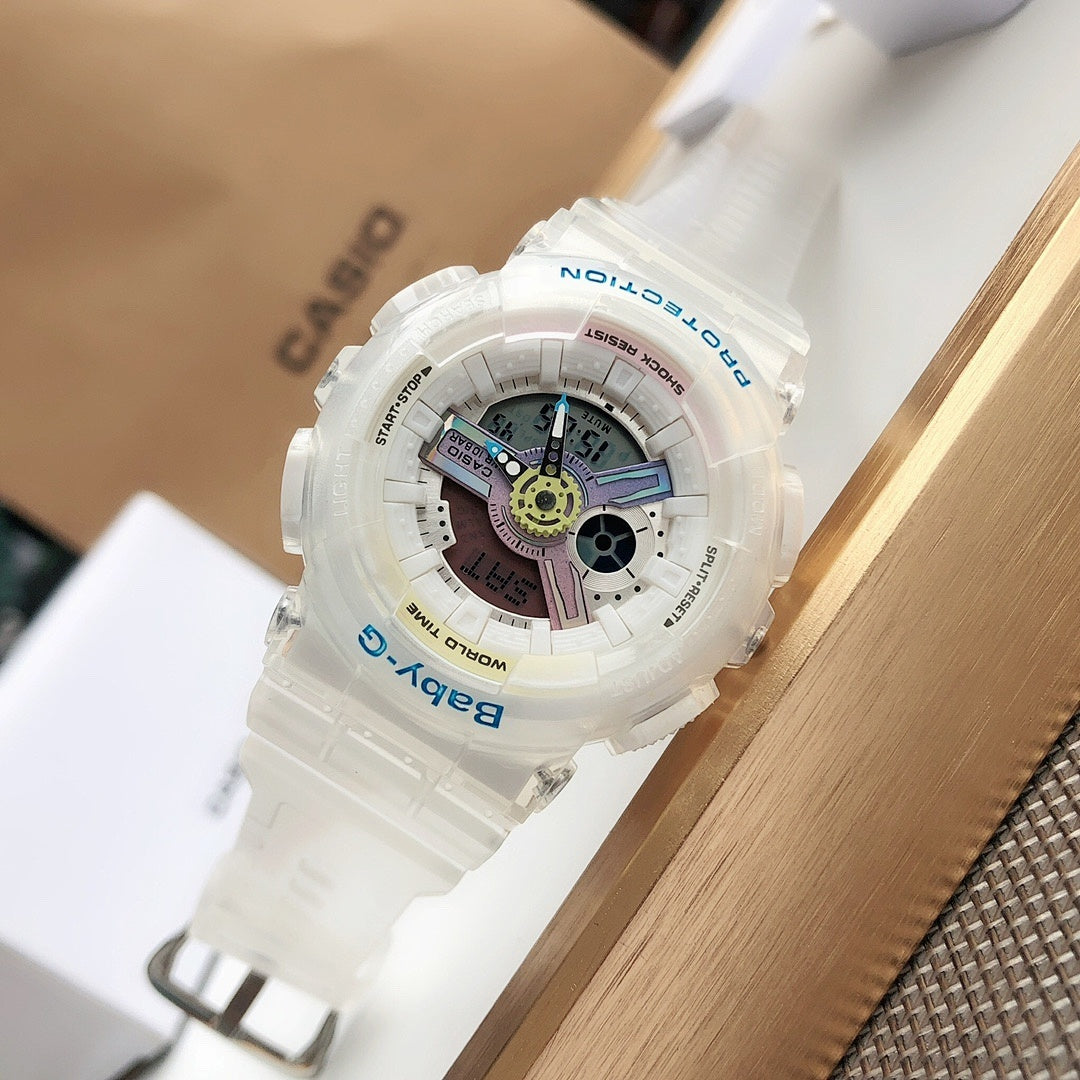 Translucent white Baby-G watch with round multi-dial face and PROTECTION text