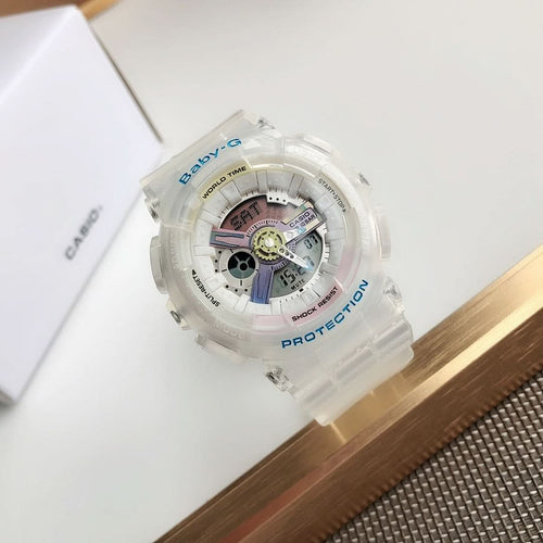 Baby-G resin watch with translucent white strap and round multi-dial face
