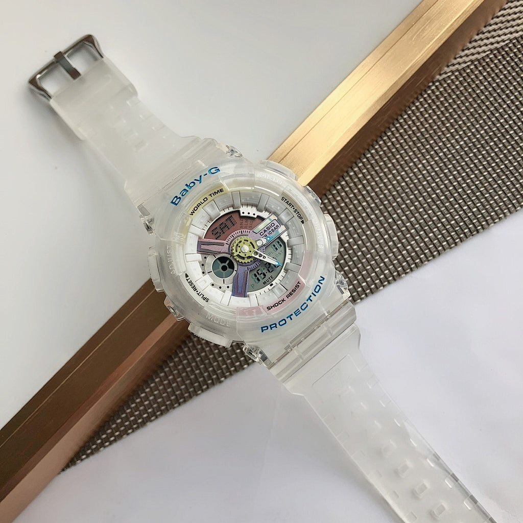Baby-G translucent white watch with round multi-dial face and wide resin strap