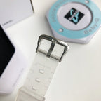 Translucent white resin watch strap with metal buckle and rounded watch case