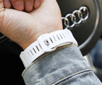 Casio watch white resin strap underside detail on wrist.