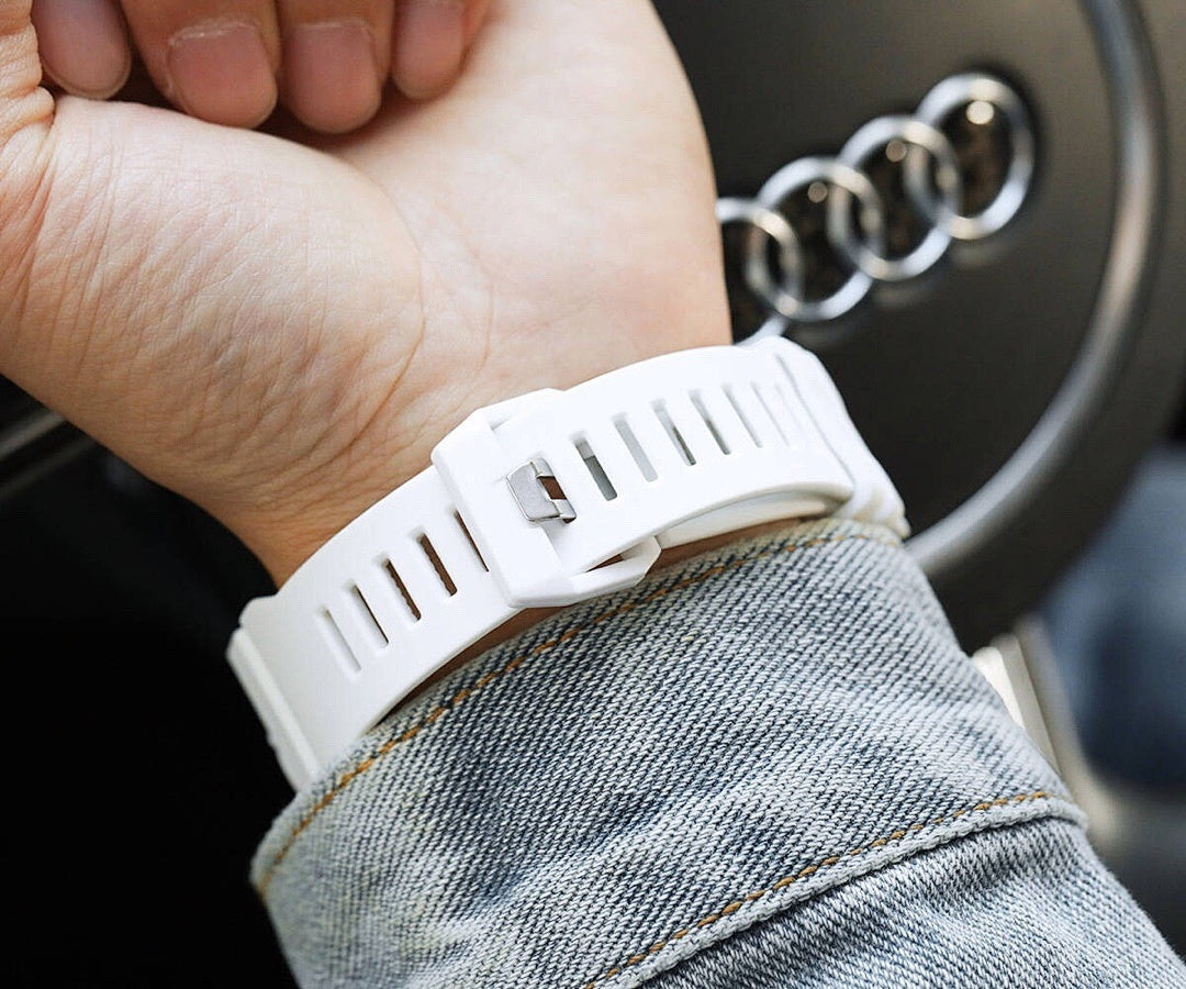 Casio watch white resin strap underside detail on wrist.