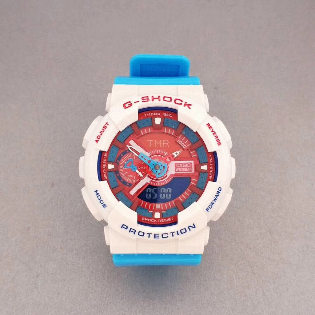 G-Shock wristwatch with white resin case, red bezel, and blue strap