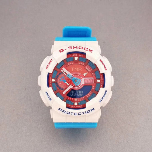 G-Shock wristwatch with white resin case, red bezel, and blue strap