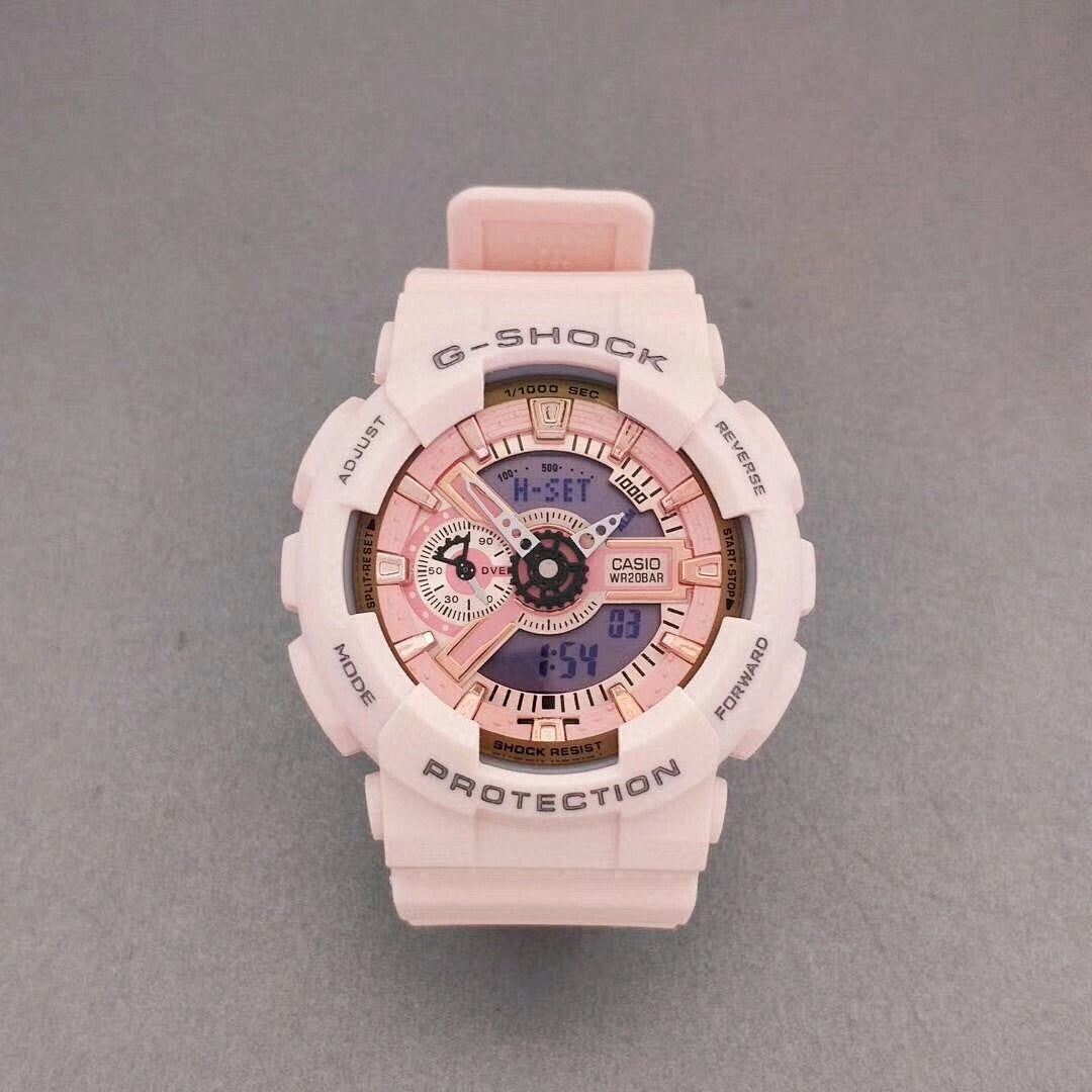 G-Shock wristwatch with white resin case, rose dial details, and light pink strap