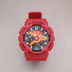 G-Shock wristwatch with red resin case, multicolor dial, and red strap