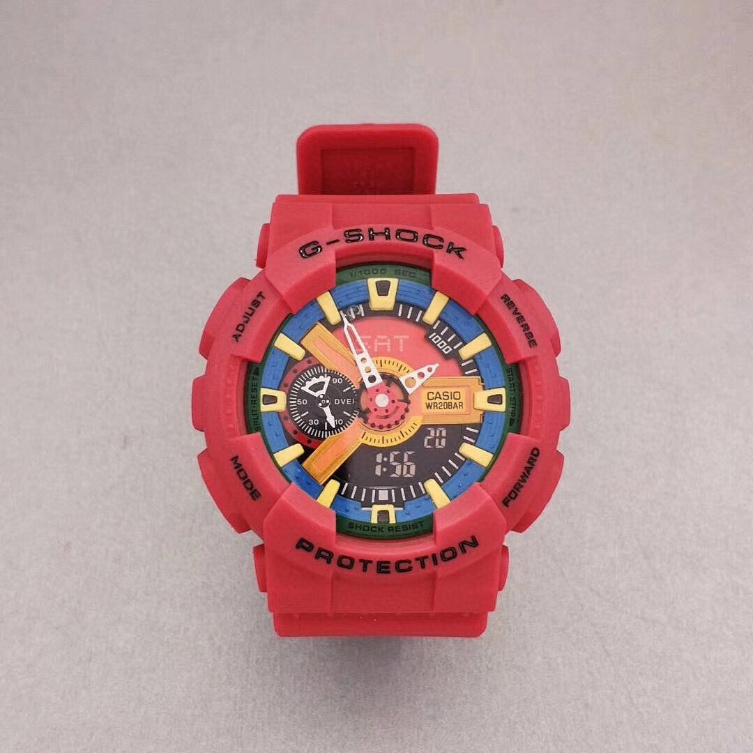 G-Shock wristwatch with red resin case, multicolor dial, and red strap