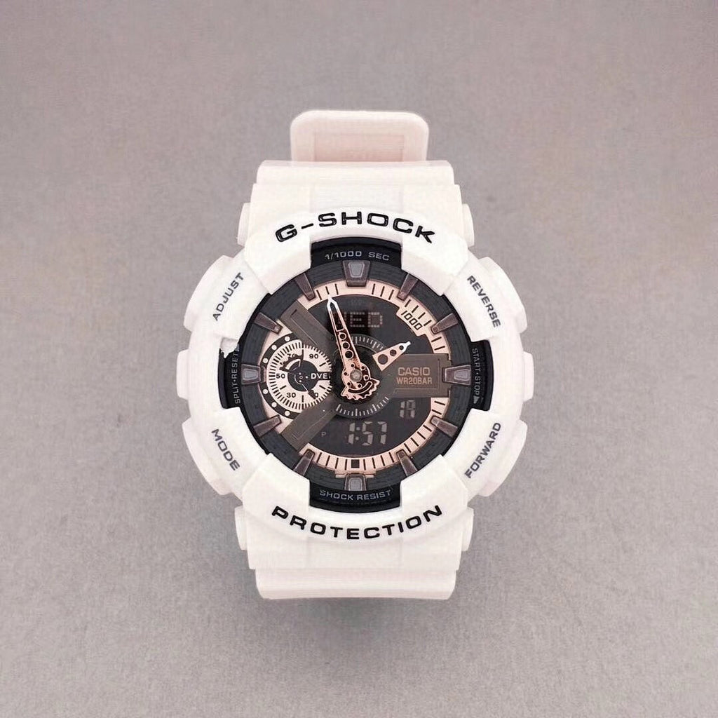 G-Shock wristwatch with white resin case, black dial, and pale pink strap