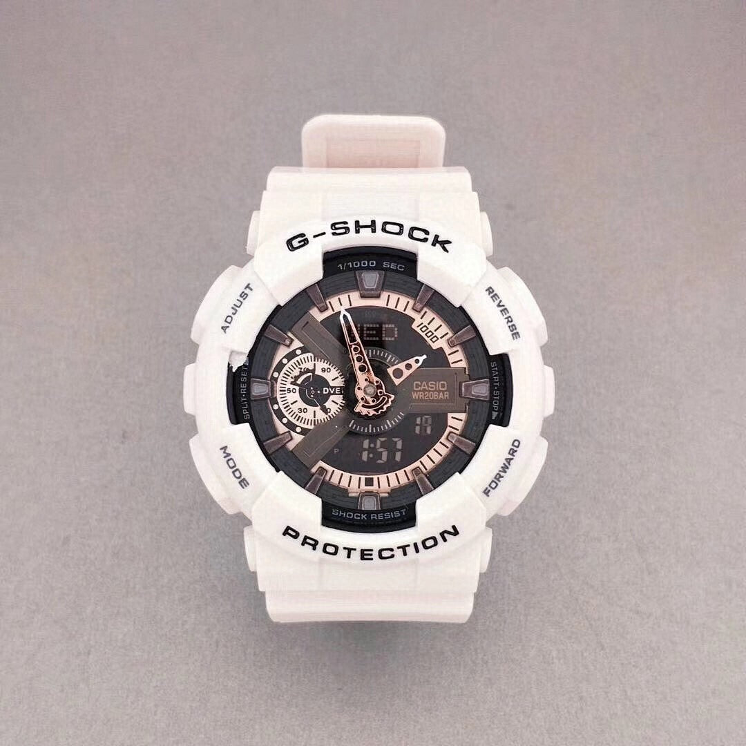G-Shock wristwatch with white resin case, black dial, and pale pink strap