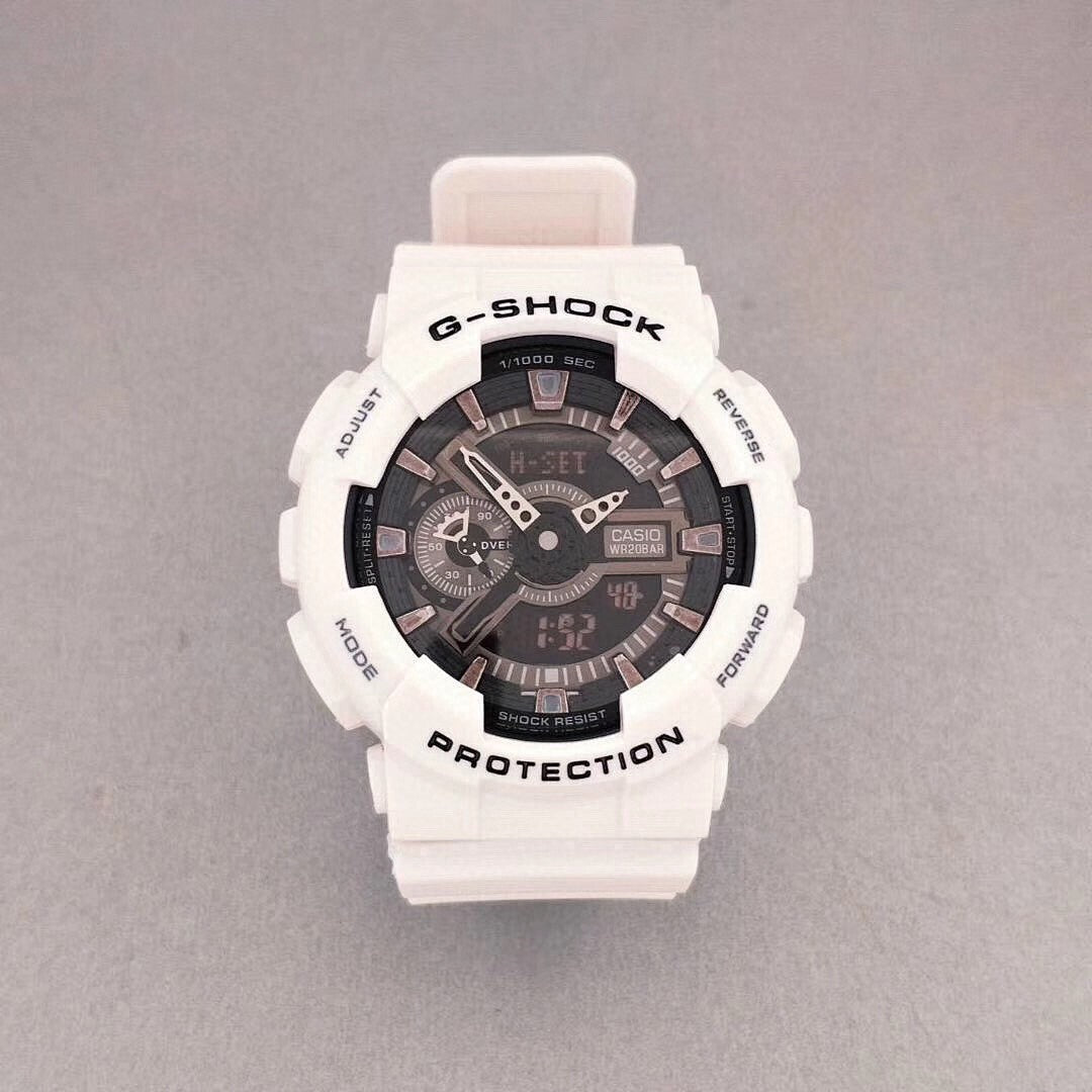 G-Shock wristwatch with white resin case, dark dial with LCD, and pale pink strap