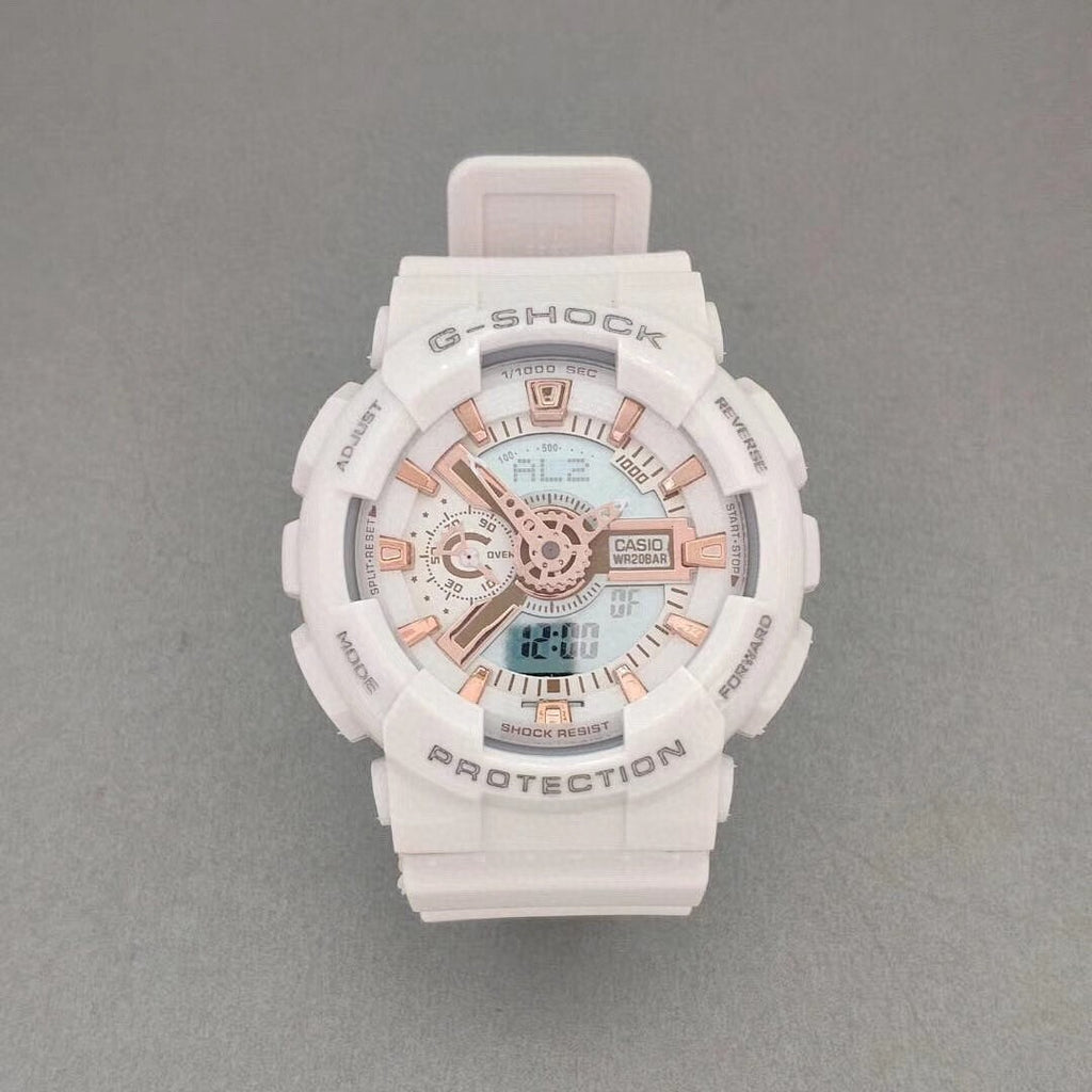 G-Shock wristwatch with white resin case, light dial with orange accents, and pale pink strap