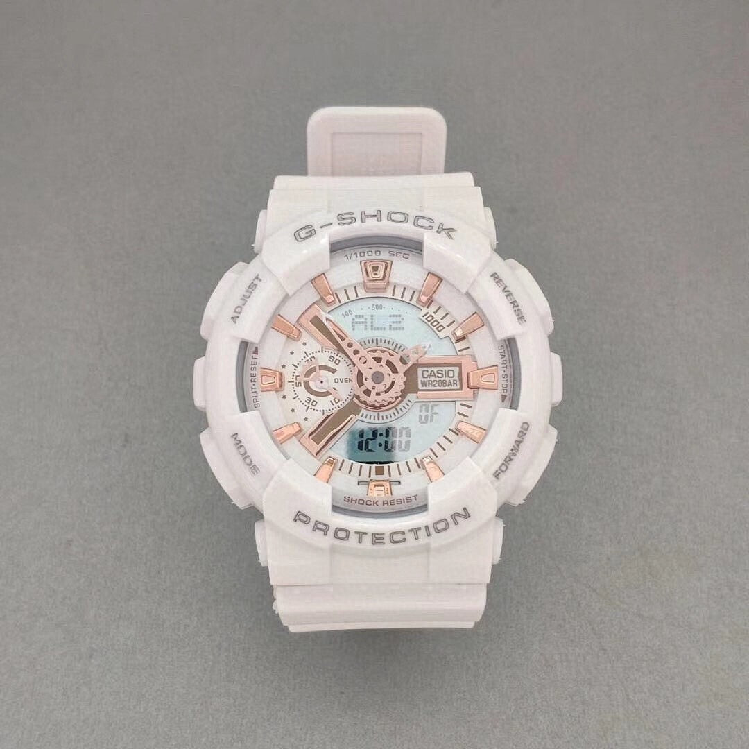 G-Shock wristwatch with white resin case, light dial with orange accents, and pale pink strap