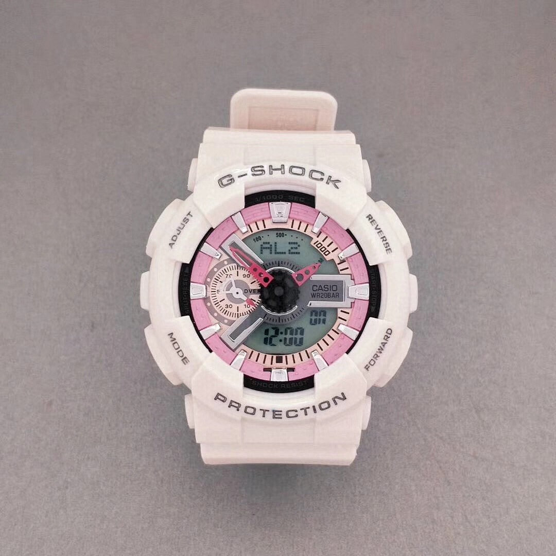 G-Shock wristwatch with white resin case, pink bezel details, and light pink strap