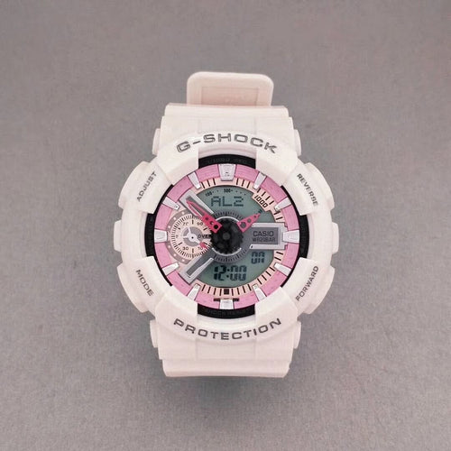 G-Shock wristwatch with white resin case, pink dial accents, and light pink strap