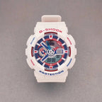 G-Shock wristwatch with white resin case, blue dial accents, and light gray strap