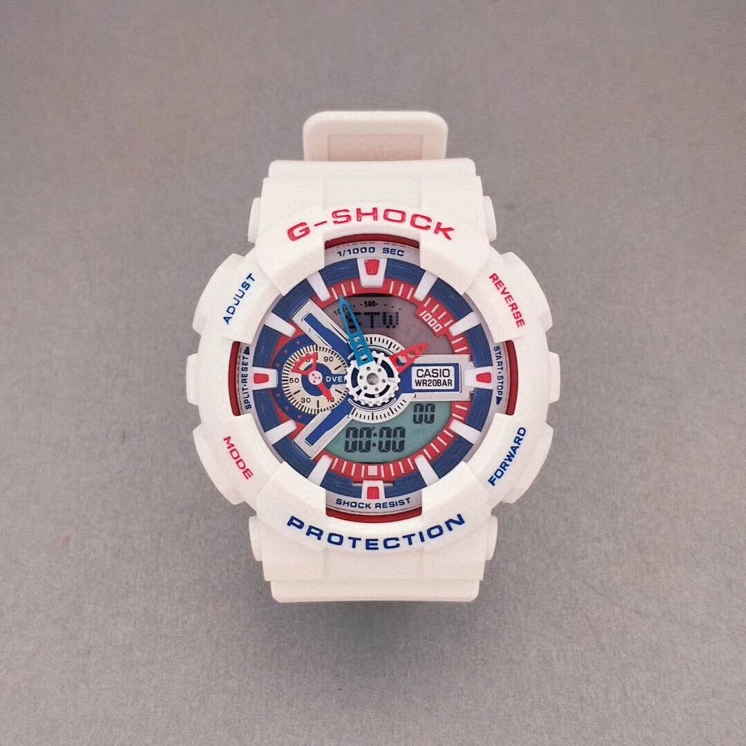 G-Shock wristwatch with white resin case, blue dial accents, and light gray strap
