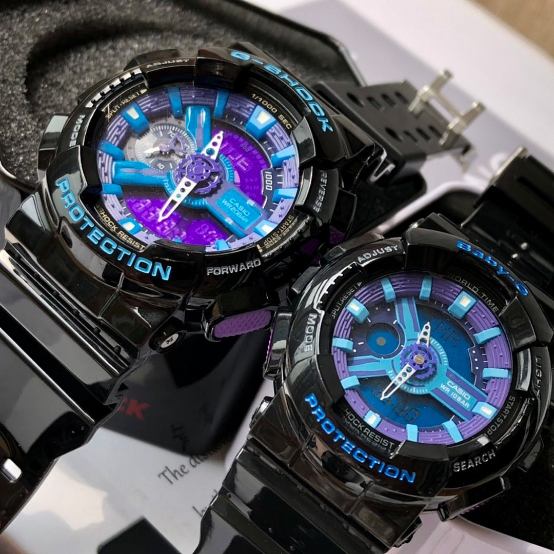 Black G-Shock watch with blue and purple face, bezel text and purple accent sub-dials