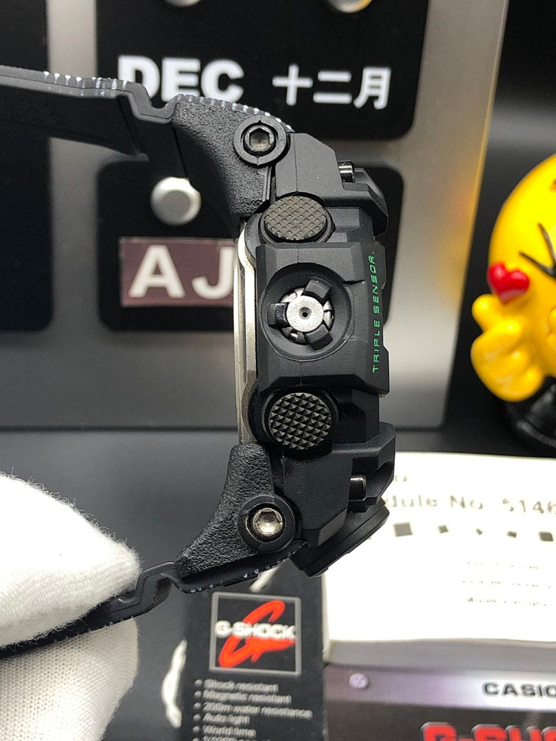 Casio watch side profile with textured black bezel and crown detail