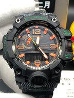Casio watch face with orange hour markers, black multi-function bezel