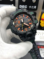 Casio watch with black case, orange hands, and textured patterned strap