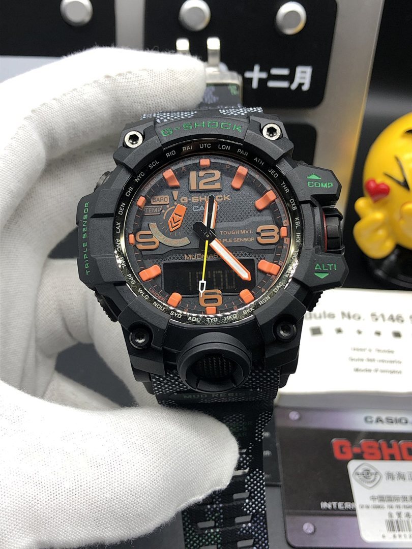 Casio rugged sports watch with black case and orange-accent dial