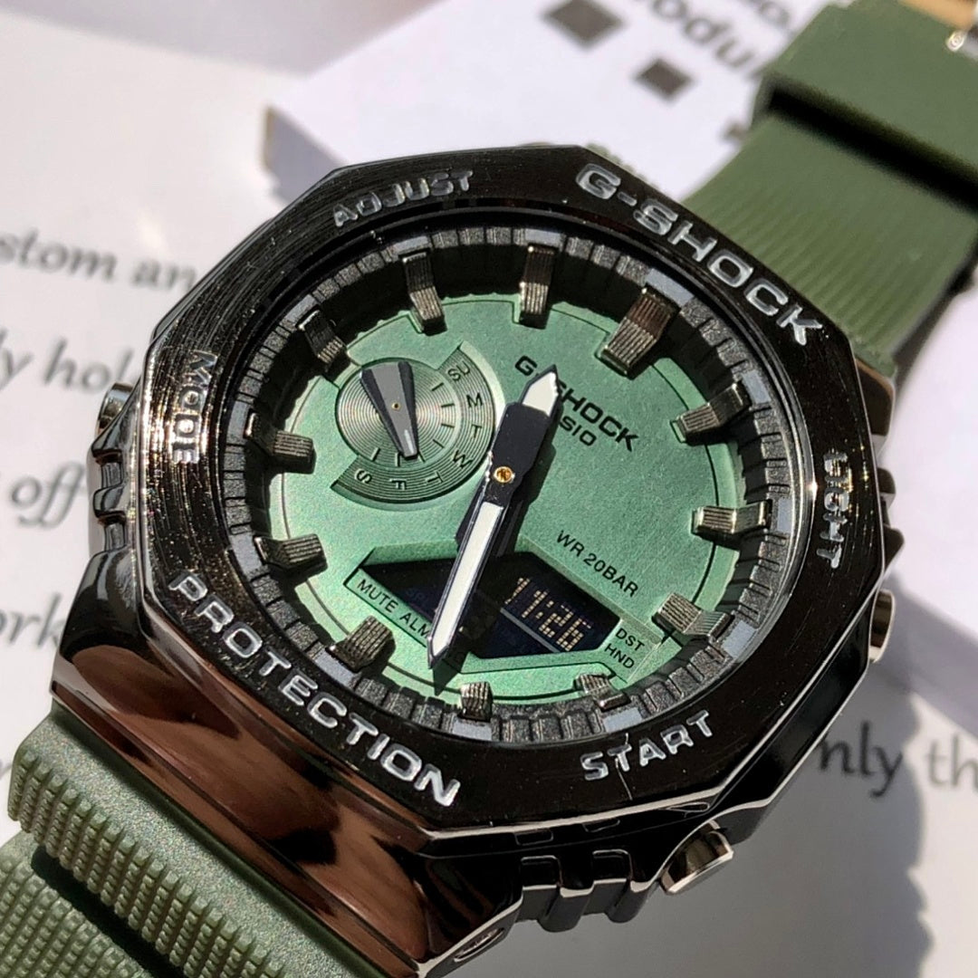 Casio G-Shock wristwatch close-up, green dial, black bezel, rugged case and buttons